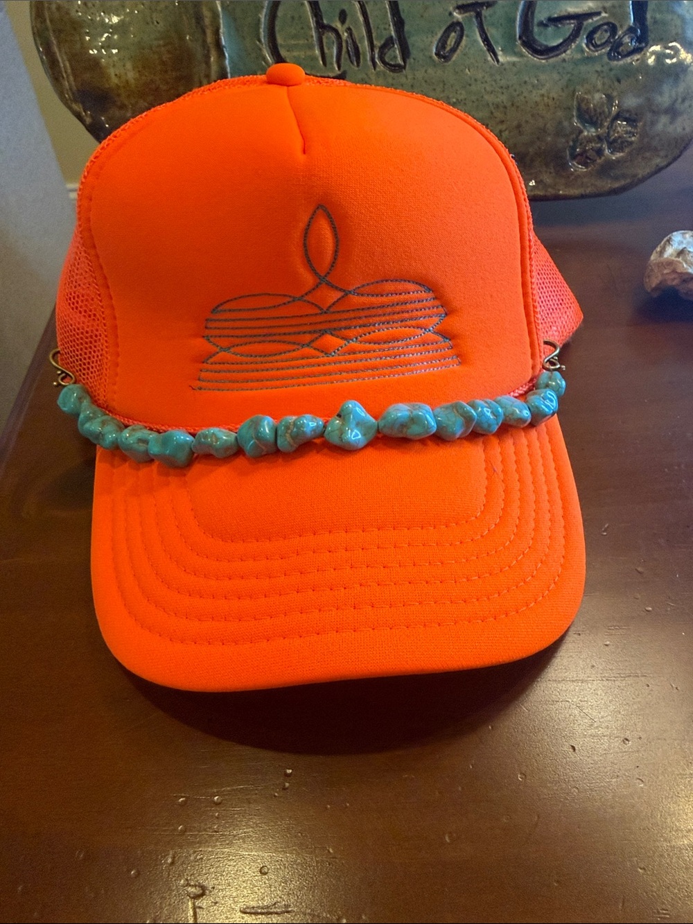 OTTO Bright Orange Trucker Hat with Turquoise Bead Band